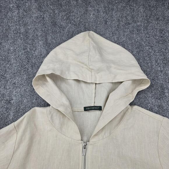 For Cynthia Jacket Womens Large Beige Hooded 100% Linen Flare Button Detail Coat - Picture 13 of 16